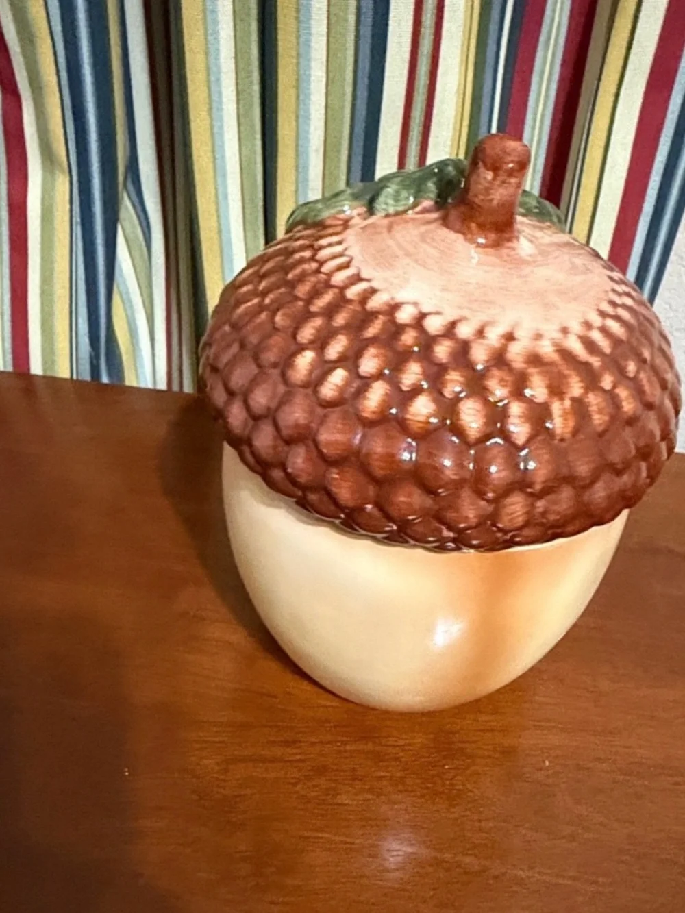 Vintage Ceramic Acorn Candy/Cookie Jar with Green Leaf Lid